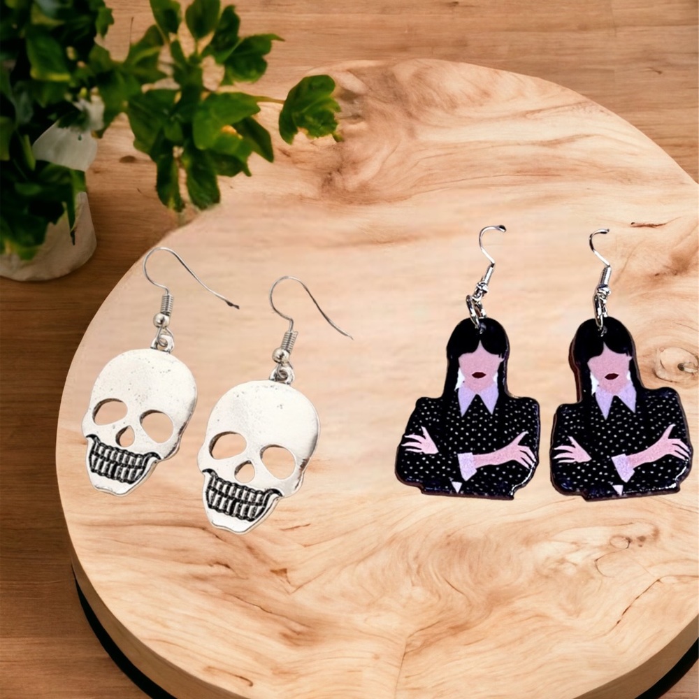 New 2 pair bundle Wednesday Adams family and silver skull Halloween earrings